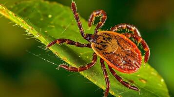 A macro shot of a deer tick on a leaf photo