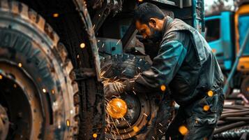 A mechanic welds a metal part of a vehicle photo