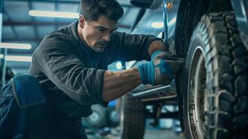 Handsome mechanic in uniform is repairing a car in his garage photo