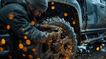 A mechanic in dirty coveralls welds a part on a vehicle. photo
