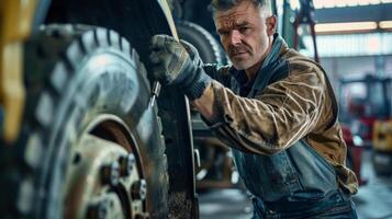 Mechanic in work clothes changing truck tire photo