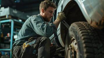 Auto mechanic changing a tire with a lug wrench. photo