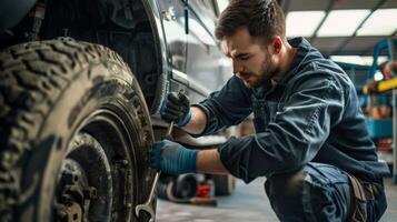 Auto mechanic changing a tire in a repair shop. photo