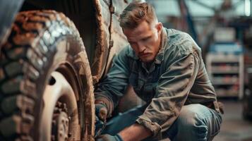 A mechanic is installing a new tire on a car. photo