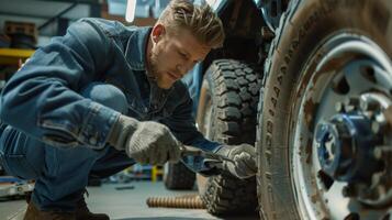 Auto mechanic in blue workwear changing tire with wrench in car repair shop photo