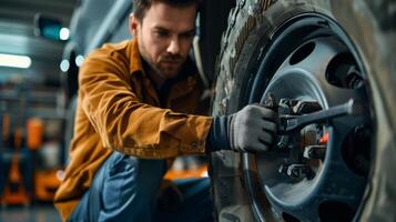 Auto mechanic changing car tire with wrench photo