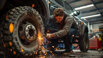 A mechanic welds a tire rim in an auto repair shop. photo