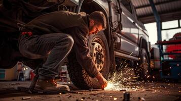 A mechanic works on a car in a garage. photo