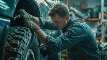 A mechanic in dirty work clothes is repairing a car in a garage. photo