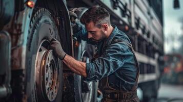 Mechanic in uniform changing truck wheel photo