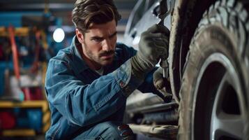 Handsome mechanic in uniform is repairing a car in his garage photo