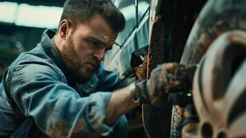 Handsome mechanic in dirty work clothes repairs the car in his garage photo