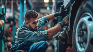 Auto mechanic in uniform is repairing a car in his garage photo