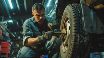 A mechanic in dirty work clothes is changing a tire on a motorcycle in a dark garage. photo