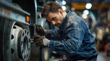 Mechanic in uniform fixing a truck wheel photo