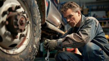 Auto mechanic changing a tire with a wrench. photo