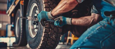 Auto mechanic changing a tire with a wrench. photo