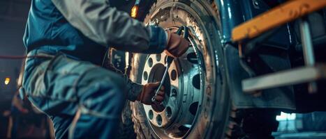 Auto mechanic changing truck wheel photo