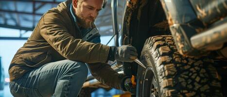 A man is changing a tire on his car. photo
