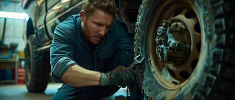 Auto mechanic in uniform changing a tire with a wrench photo
