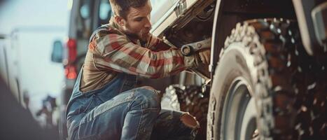 Mechanic in uniform fixing a tire on a vehicle photo