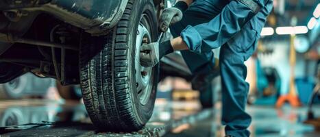 Car mechanic changing a tire with a wrench photo