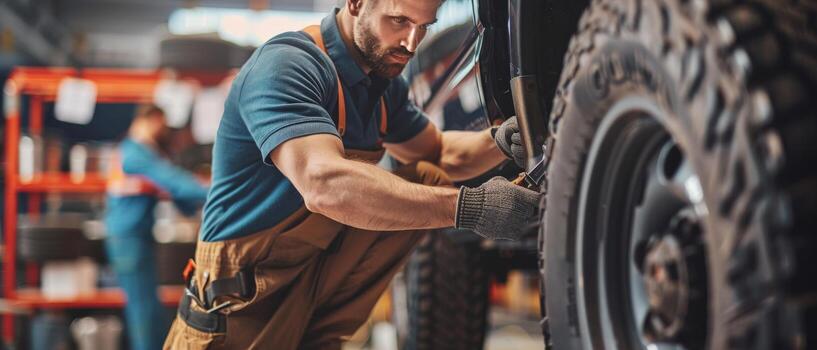 Auto mechanic changing tire in garage photo