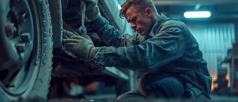 Auto mechanic changing a tire with a wrench. photo