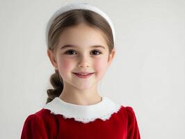 A little girl in a red dress smiling photo