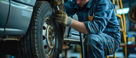 Auto mechanic changing tire with tire iron photo
