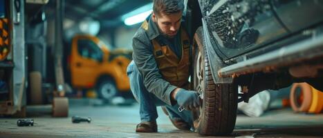 A mechanic is installing a tire on a car. photo