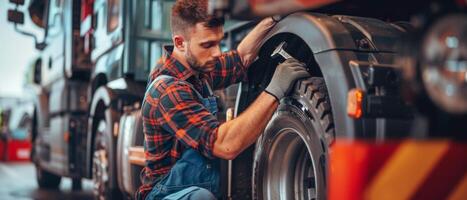 Mechanic in uniform is repairing semi truck wheel photo