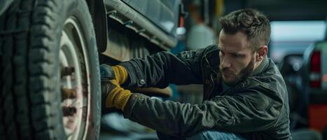 A mechanic in dirty work clothes is changing a tire on a car. photo