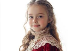 A little girl in a red dress posing for the camera photo