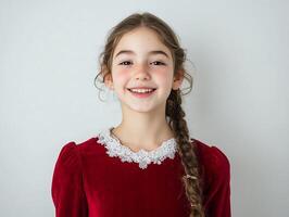 A young girl in a red dress smiling photo