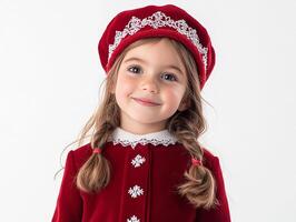 A little girl in a red velvet dress and hat photo