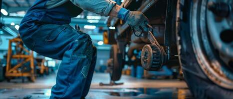 Auto mechanic in blue uniform changing car tire with wrench in auto repair shop photo