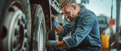 Mechanic working on a truck in a repair shop photo