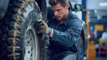 Mechanic in blue uniform is installing new tire on a car in auto repair shop photo