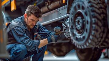 Auto mechanic in uniform is working under the car. photo