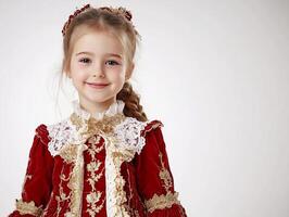A little girl in a red and gold dress photo