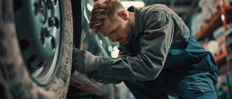 Auto mechanic fixing a car in a garage photo