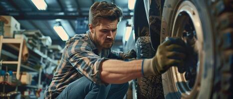 Mechanic in gloves changing car tire with wrench in auto repair shop photo