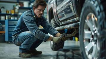 A mechanic in a blue uniform is installing a new tire on a car. photo