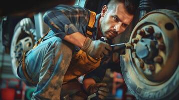 Auto mechanic in dirty work clothes is changing a truck wheel photo