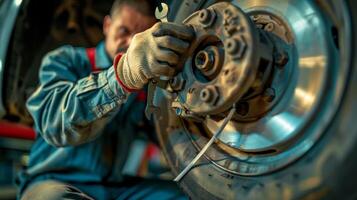 Auto mechanic working on a car brake system photo