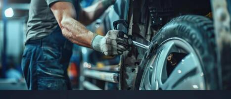 Auto mechanic in uniform changing car tire with wrench photo