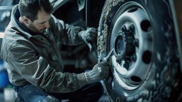 Mechanic changing truck wheel photo