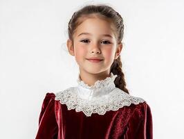 A little girl in a red velvet dress and white collar photo