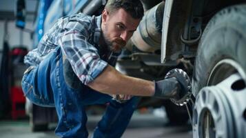 Mechanic in uniform is repairing a semi-truck wheel photo